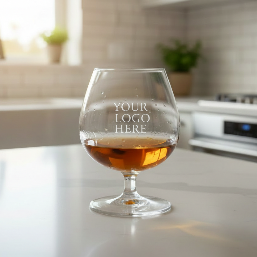 Close up of custom printed name and birth year design on personalised brandy balloon snifter glass, upload your own design