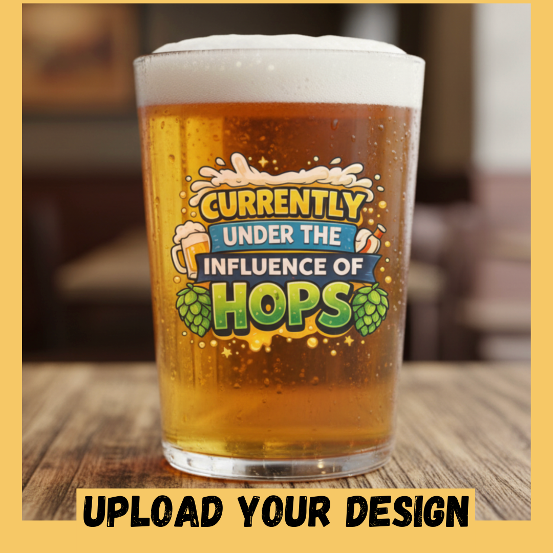 Close up of custom printed funny hops design on personalised conical pint glass, upload your own design beer gift