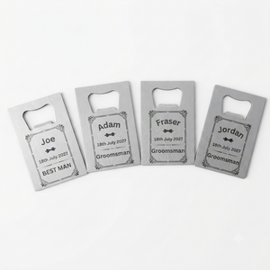 Set of four personalised wedding bar blades laser engraved on stainless steel with ornate border and bow tie design showing Best Man and Groomsman with individual names and wedding dates 
on white background