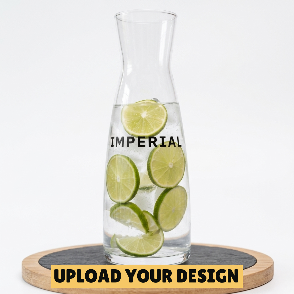 personalised glass carafe with custom printed Imperial design filled with water and limes on wooden board, unique gift
