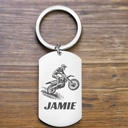 Personalised stainless steel keyring with motocross rider design, custom name engraving on front, and custom message on back – gift for dirt bike and motocross fans