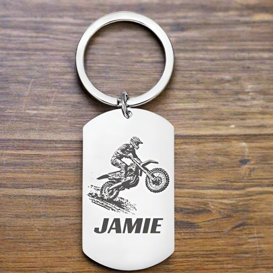 Personalised stainless steel keyring with motocross rider design, custom name engraving on front, and custom message on back – gift for dirt bike and motocross fans