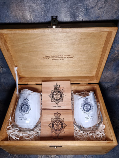 personalised police officer retirement leaving gift box laser engraved glasses 