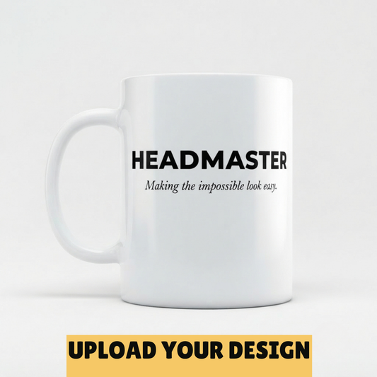 A white ceramic mug with black printed text reading 'HEADMASTER' and the subtitle 'Making the impossible look easy.' on a light gray background.