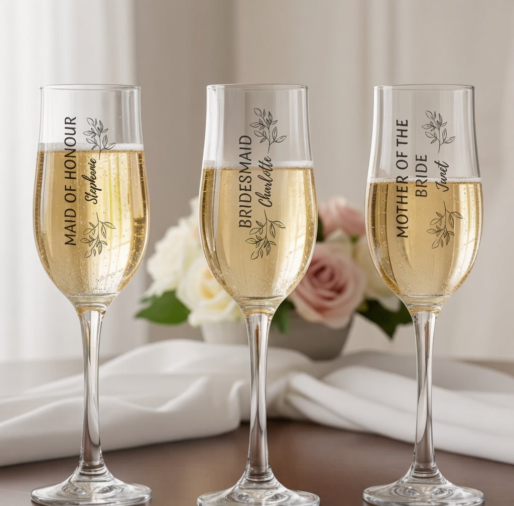 Three personalised stemmed champagne flutes filled with champagne, each printed with a different bridal party role and name — Maid of Honour, Bridesmaid and Mother of the Bride — styled with white roses and soft linen background