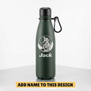 Personalised 500ml black insulated water bottle with pre-printed mountain biking design and custom name Jack, unique MTB gift for him