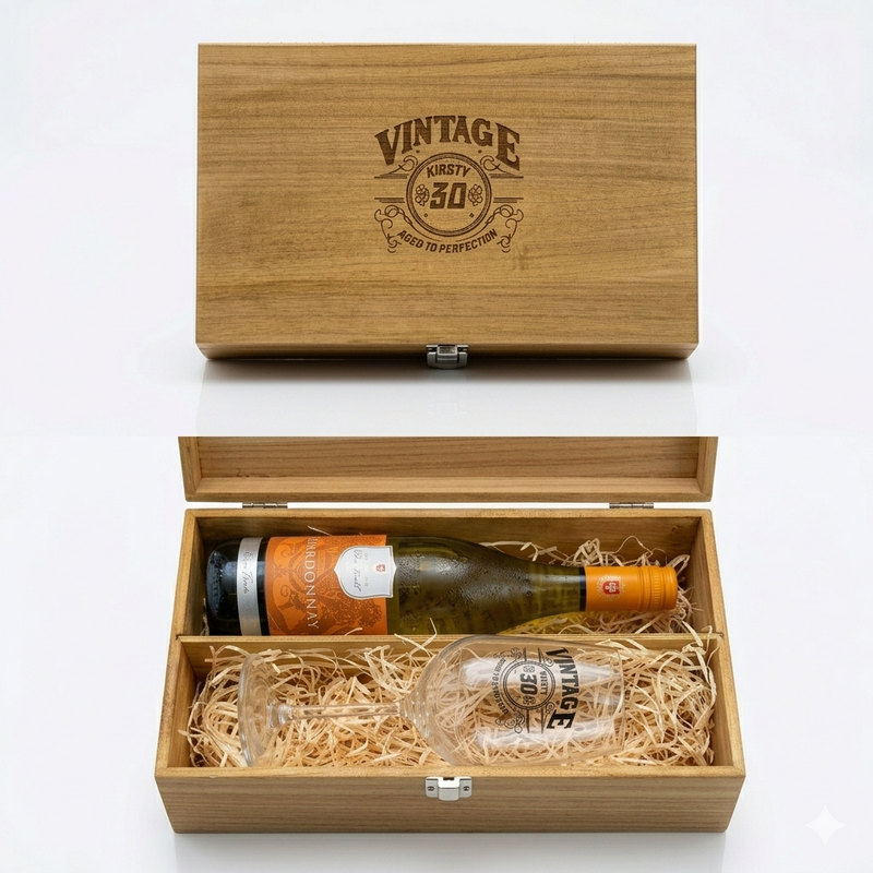 A personalised wine glass with a vintage design