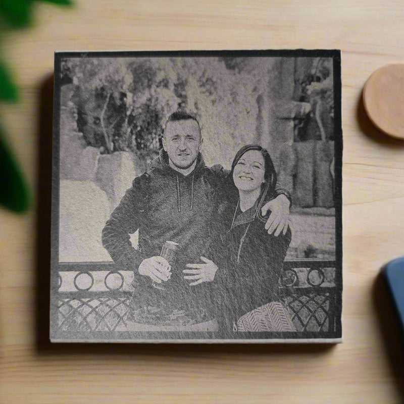 Personalised photo slate coaster with your uploaded image, natural stone texture, smooth surface for high-quality photo engraving, perfect for custom gifts, keepsakes, or unique home décor.