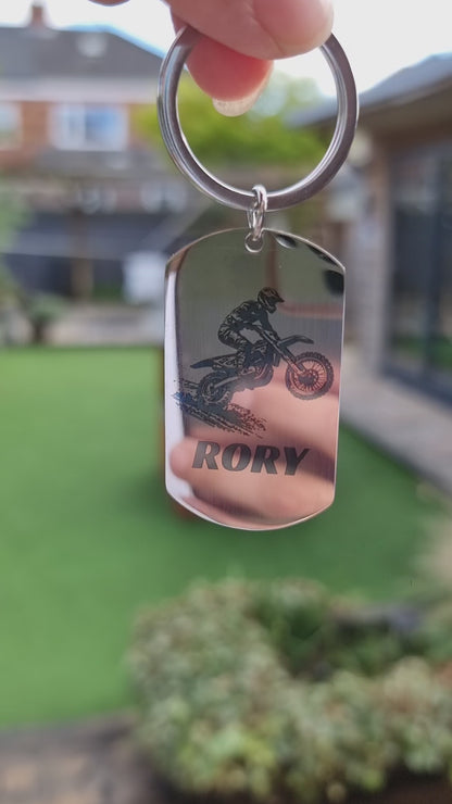 Personalised Motocross MX Keyring – Custom Stainless Steel Keychain with Motocross Rider Design – Add Name & Message on Back – Gift for Dirt Bike Riders & Fans