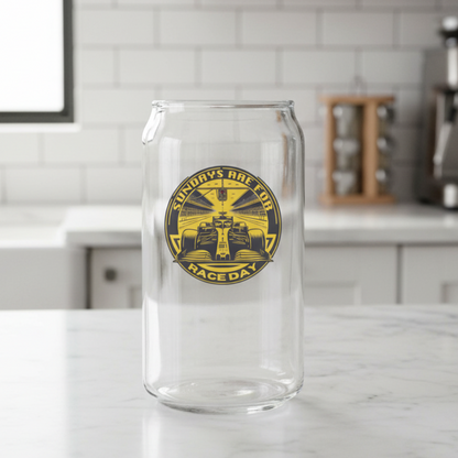 undays Are For Race Days personalised racing can glass — monochrome badge design, 500ml