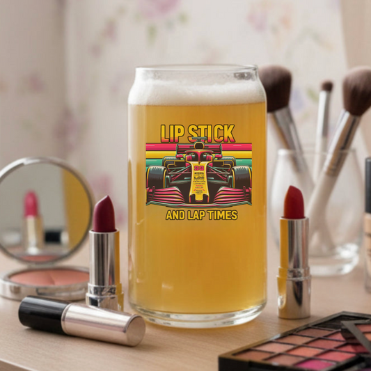 Lipstick and Lap Times personalised racing can glass — lifestyle shot