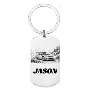 Personalised rally car laser engraved stainless steel dog tag keyring with saloon rally car mountain stage illustration and personalised name on white background