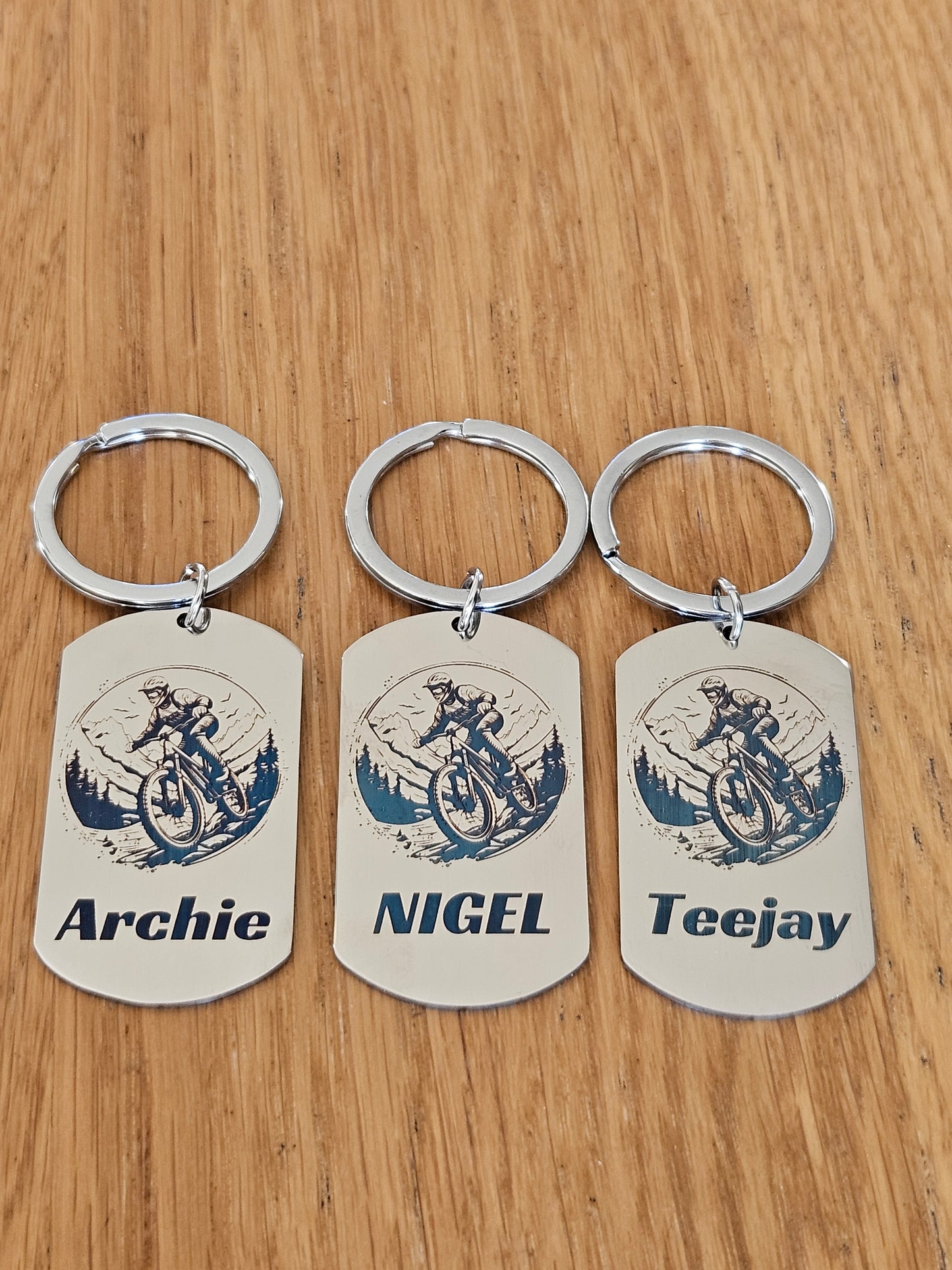 Personalised MTB Dog Tag Chain – Downhill Mountain Biker Design with Custom Name & Message