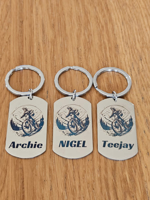 Personalised MTB Dog Tag Chain – Downhill Mountain Biker Design with Custom Name & Message FirstGlassDesigns