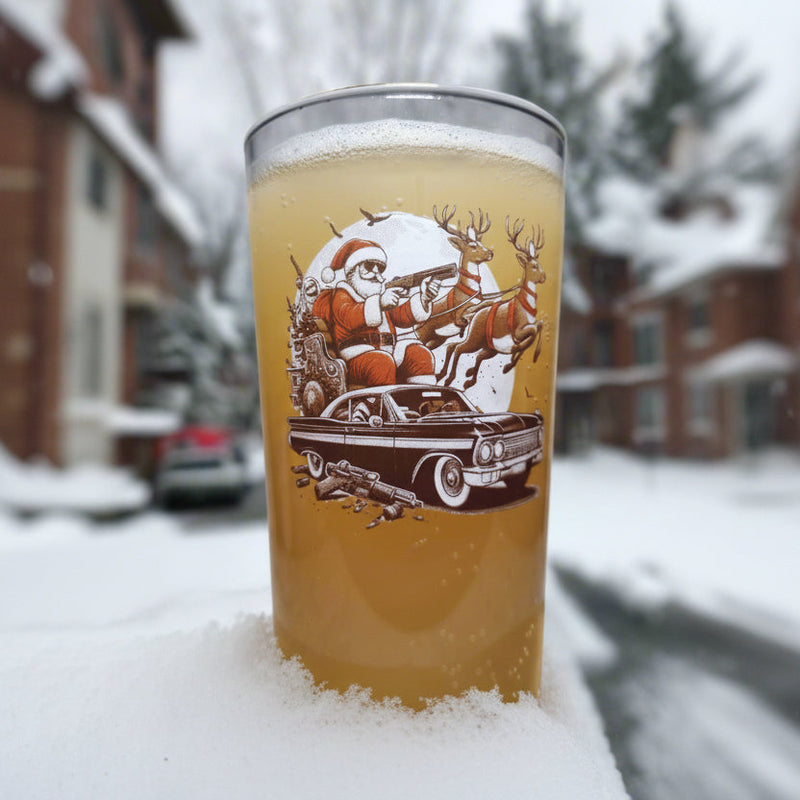 Santa's Sleigh Drive-By: Edgy Christmas Pint Conical Glass for a Holiday Twist FirstGlassDesigns