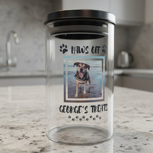 Close-up of custom dog/cat photo engraved on personalised glass treat jar