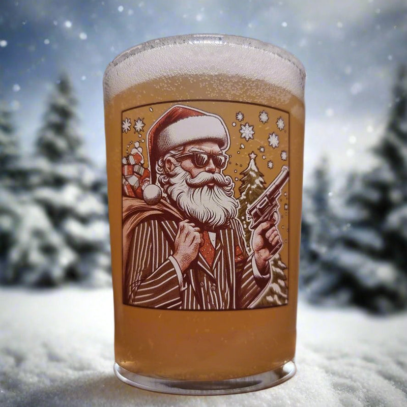 Holly Heist Cheer: Limited Edition Xmas Glass with Gangster Santa, Pinstripes, and Holiday Heat First Glass Designs