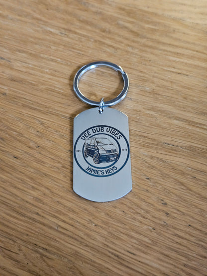 Personalised VW T5 T6 Crafter Camper Keyring – Custom Engraved Text, Date & Registration Plate with Optional Message