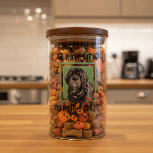 Personalised pet treat jar with custom uploaded dog/cat photo, glass design with custom engraving