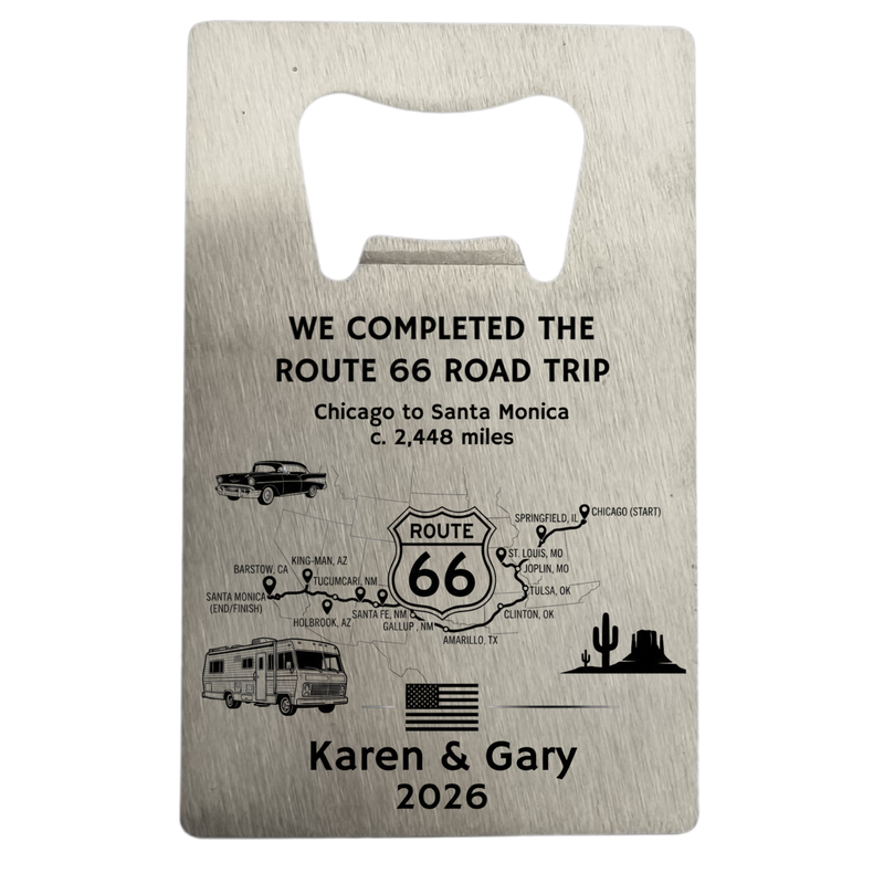 Route 66 gift, personalised bottle opener with laser engraved route map