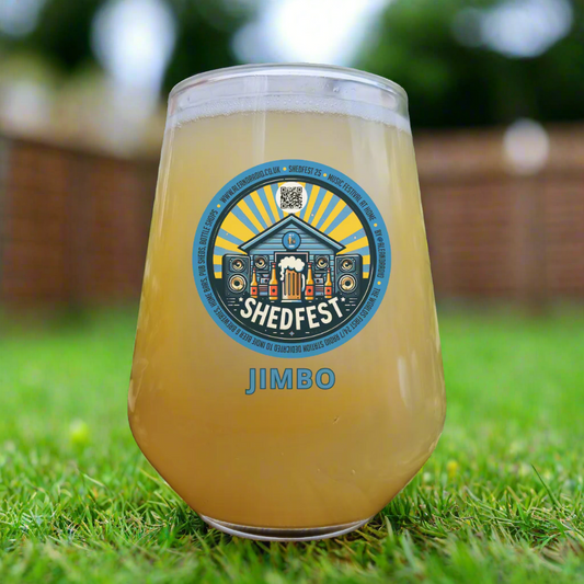 Personalised Shed Fest 25 beer glass with back garden music festival design, ale and radio, custom name option, shown with engraved slate coaster and stainless steel bottle opener.
