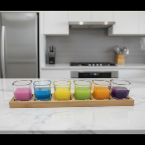Close up of six custom printed personalised 60ml square shot glasses on bamboo paddle, upload your own design party gift