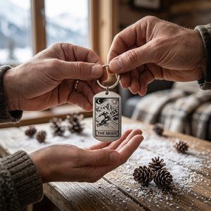 A close-up lifestyle shot of a person's hands holding a silver-toned metal keychain with a dog tag engraved with a mountain scene and the text 'THE SKIER'. The background shows a cozy, rustic indoor setting with a wooden table scattered with pinecones and white snow-like dust.