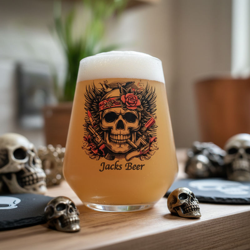 Custom / Personalised Allegra Beer Glass with Trendy Skull Design FirstGlassDesigns