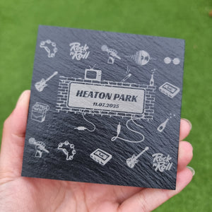 Hand holding a slate coaster with white graphics and text britpop 90s concert souvenir 