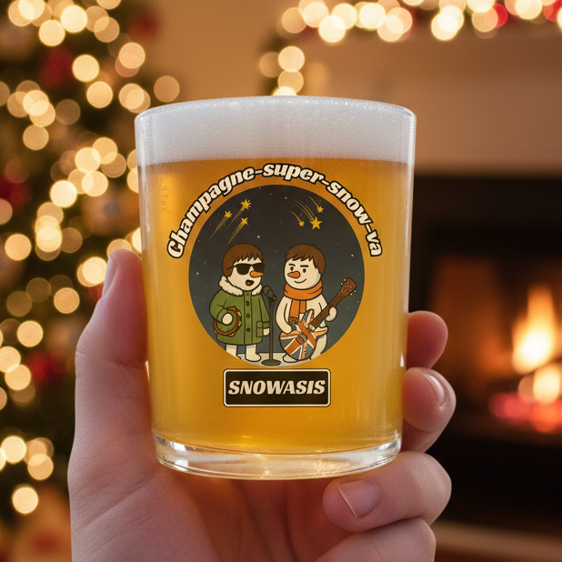 Glass with a cartoon design of two snowmen and 'Snowasis' champagne super snow va 