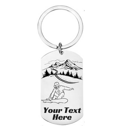 Personalised snowboarder keyring with custom engraving – engraved snowboarding gift for winter sports fans
