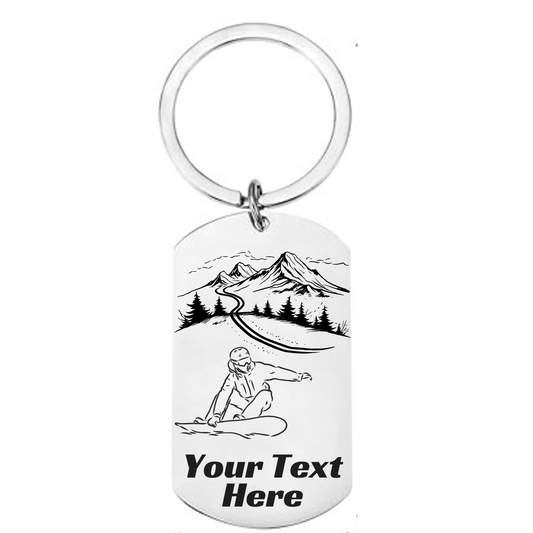 Personalised snowboarder keyring with custom engraving – engraved snowboarding gift for winter sports fans