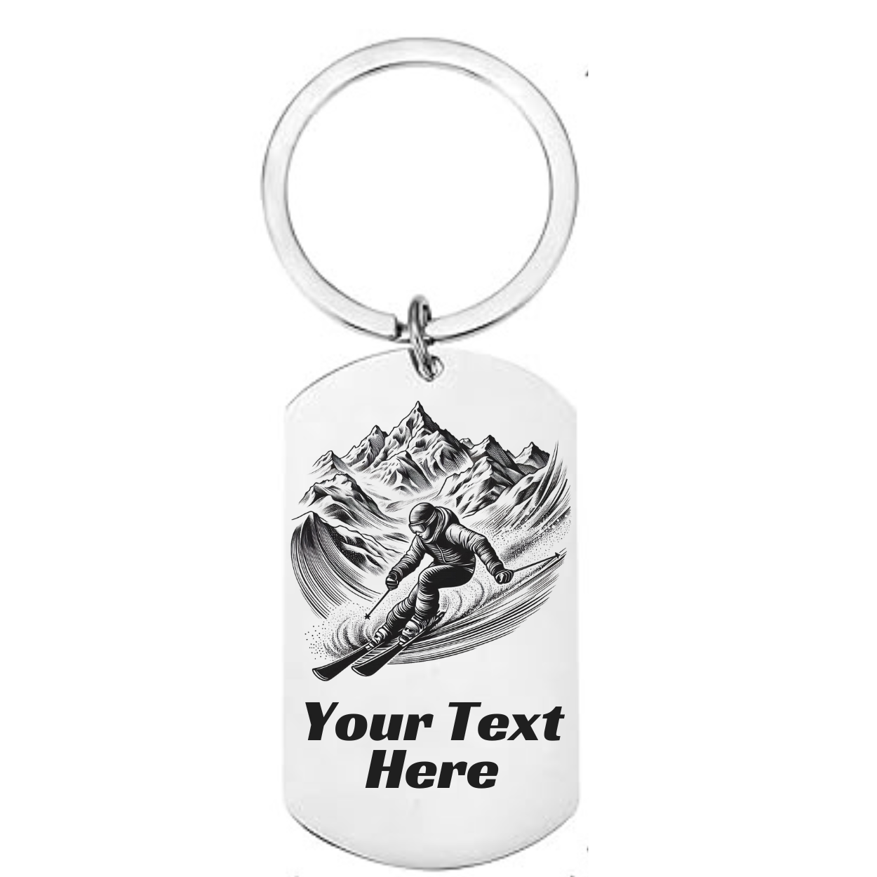 Personalised skiing keyring with mountain skier illustration and custom text on stainless steel dog tag