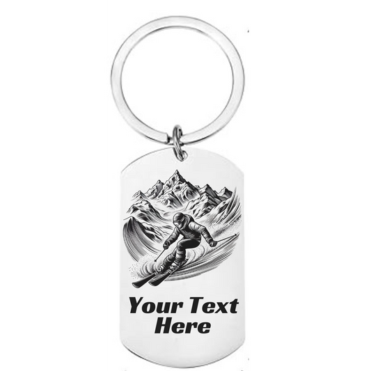 Personalised skiing keyring with mountain skier illustration and custom text on stainless steel dog tag