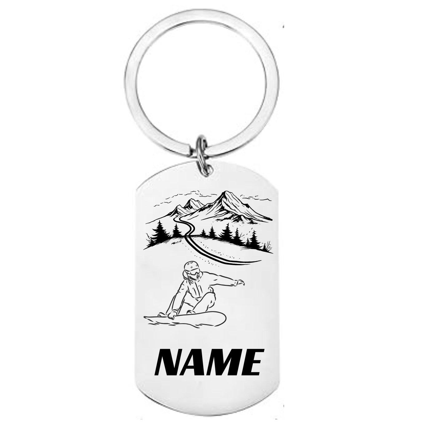 Personalised snowboarding keyring with custom name line art mountain scene snowboarder laser engraved stainless steel