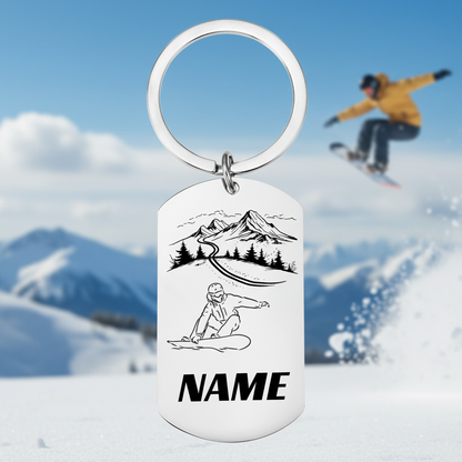 Personalised snowboarding keyring with custom name line art mountain scene snowboarder laser engraved stainless steel