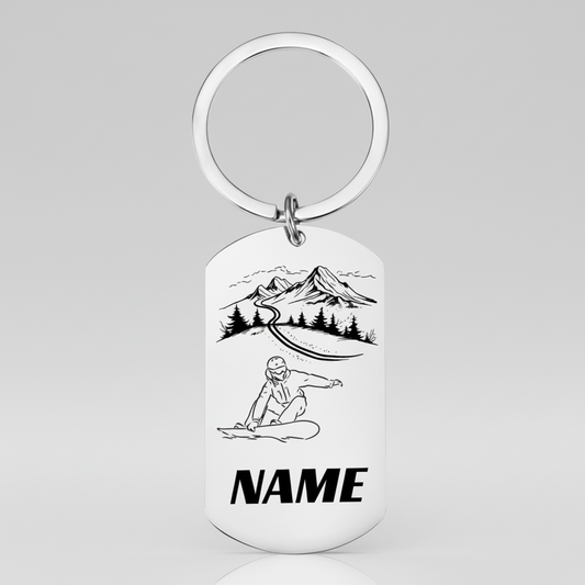 Personalised Snowboarding Keyring | Custom Name Mountain Gift UK First Glass Designs