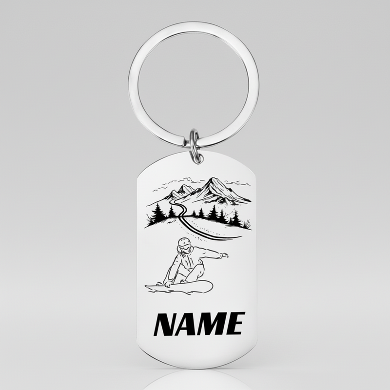 Personalised Snowboarding Keyring | Custom Name Mountain Gift UK First Glass Designs
