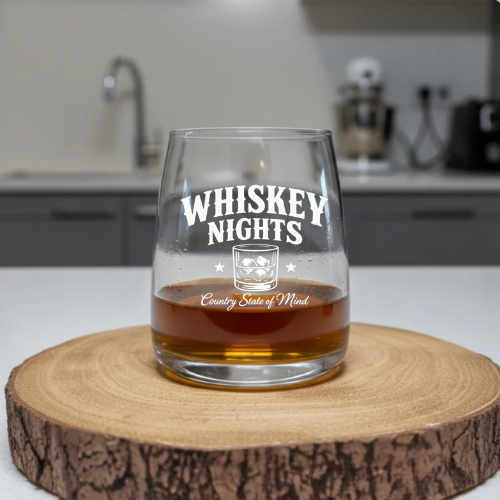 Country inspired whiskey glass with Whiskey Nights western design