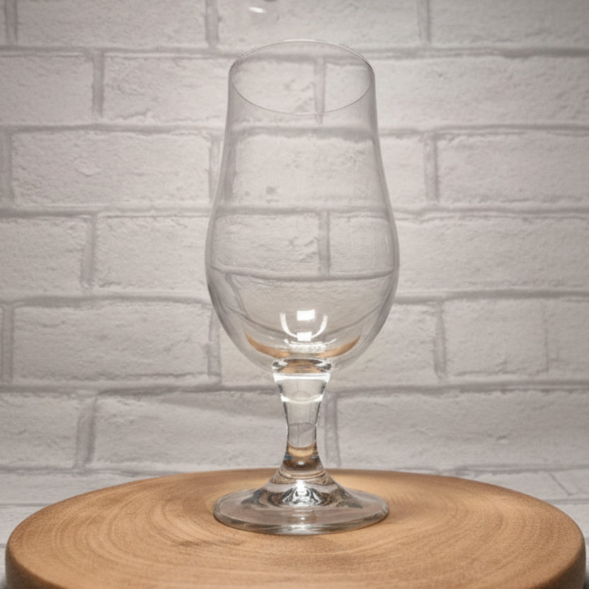 Close up of custom printed design on personalised stemmed tulip beer glass, upload your own design gift