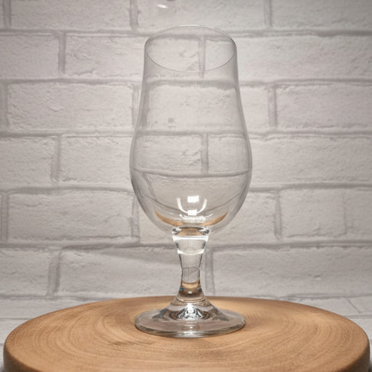 Close up of custom printed design on personalised stemmed tulip beer glass, upload your own design gift