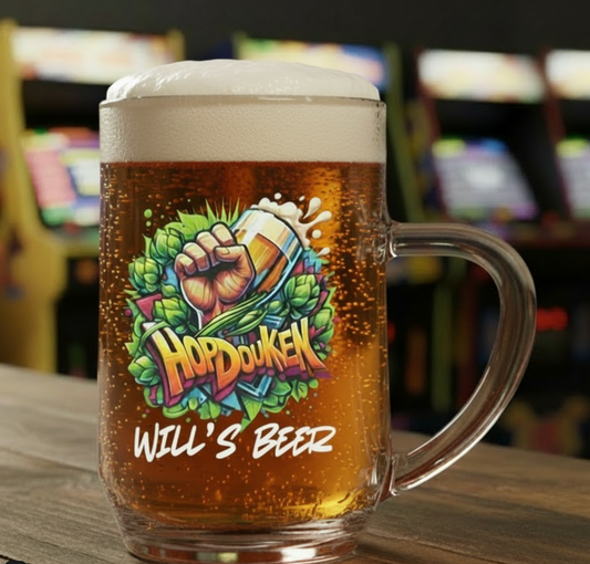 Hopdouken personalised retro gaming beer glass — original arcade fighter artwork by First Glass Designs UK