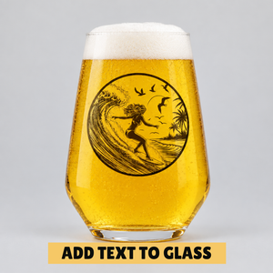 Custom printed stemless glass featuring a surfing illustration with optional personalised text