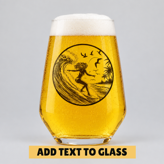 Custom printed stemless glass featuring a surfing illustration with optional personalised text