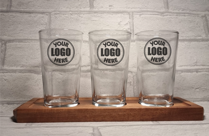 Personalised / Bespoke Half Pint Tasting Glassware with Wooden Flight Paddle Board