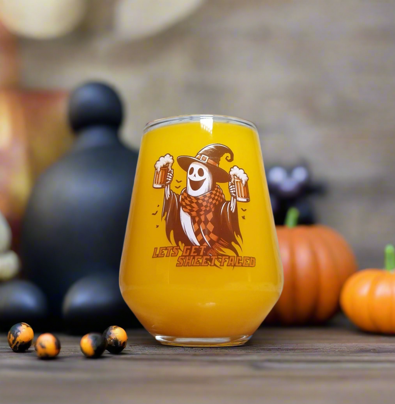 Halloween Ghost Glass – "Let’s Get Sheet Faced" Custom Printed Drinkware First Glass Designs