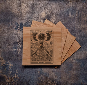 Personalised bamboo coaster engraved with the Virgo zodiac sign, featuring its maiden symbol and constellation, natural wood finish, ideal for horoscope lovers or astrology décor.