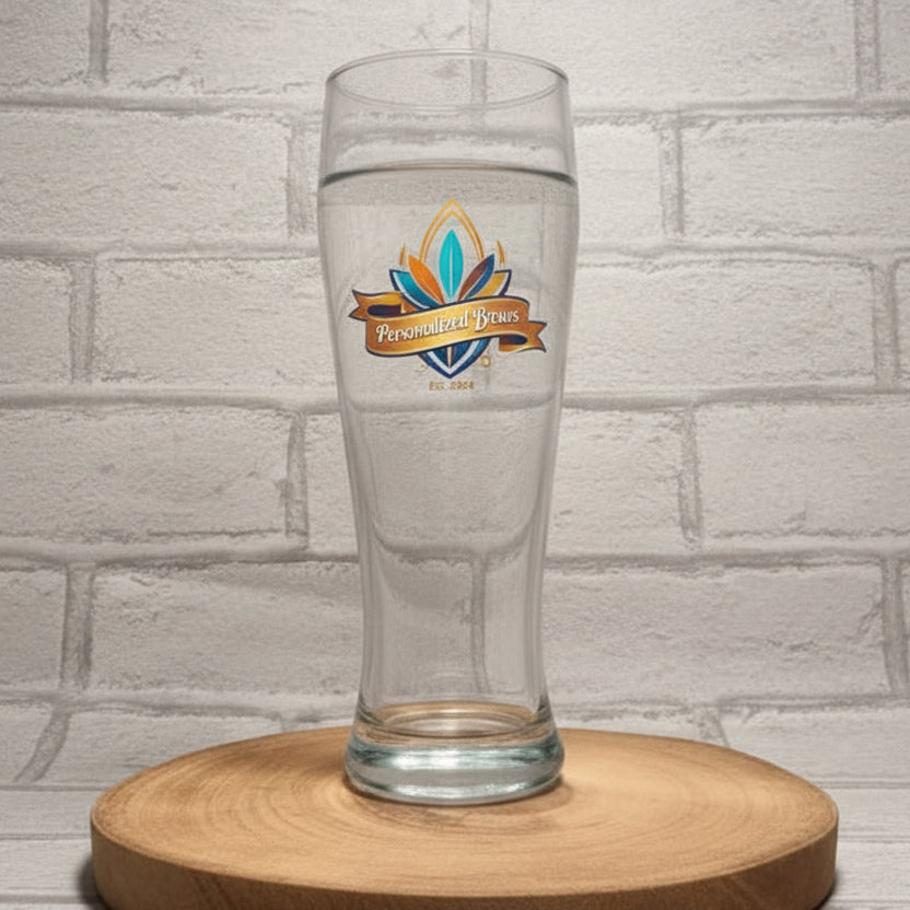 Close up of custom printed circular craft ale crest on personalised 500ml wheat beer weizen glass, upload your own design