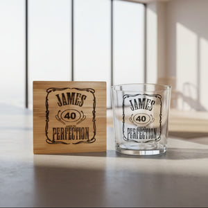 Personalised Whiskey Glass For Birthday Gift, Jack Daniels Inspired, Bourbon Whiskey Glass and Coaster, Add Your Own Message, Retirement Gift 18th 21st 30th 40th 50th 60th 70th