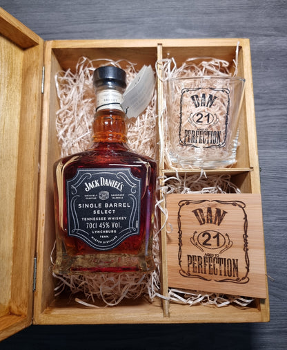 Personalised Whiskey Box For Birthday Gift, Jack Daniels Inspired, Bourbon Whiskey Glass and Coaster, Add Your Own Message, Retirement Gift 18th 21st 30th 40th 50th 60th 70th